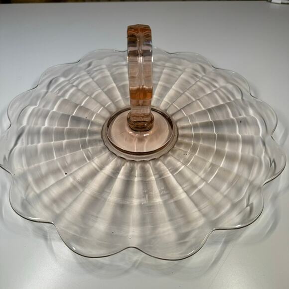 Vintage Pink Depression Glass Handled Tray 11" Scalloped Ribbed Platter - Picture 7 of 13